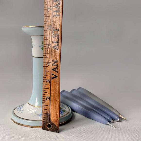 1918 Noritake Antique Candlestick Holder Aqua Porcelain & 4 Periwinkle Candles - Picture 6 of 8